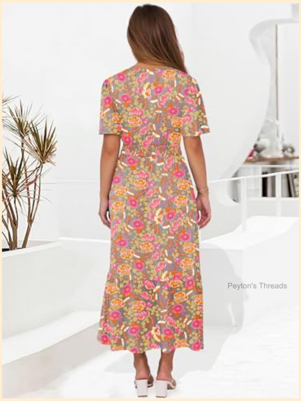 Women's Short Sleeve Maxi Dress V-Neck High Waist A-Line Flowy Tiered Boho - Picture 5 of 7